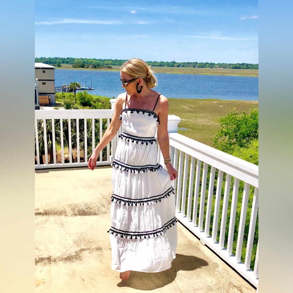 L’ATISTE Tiered White & Black Maxi Dress – Tassel Trim | Size XS - Picture 3 of 13